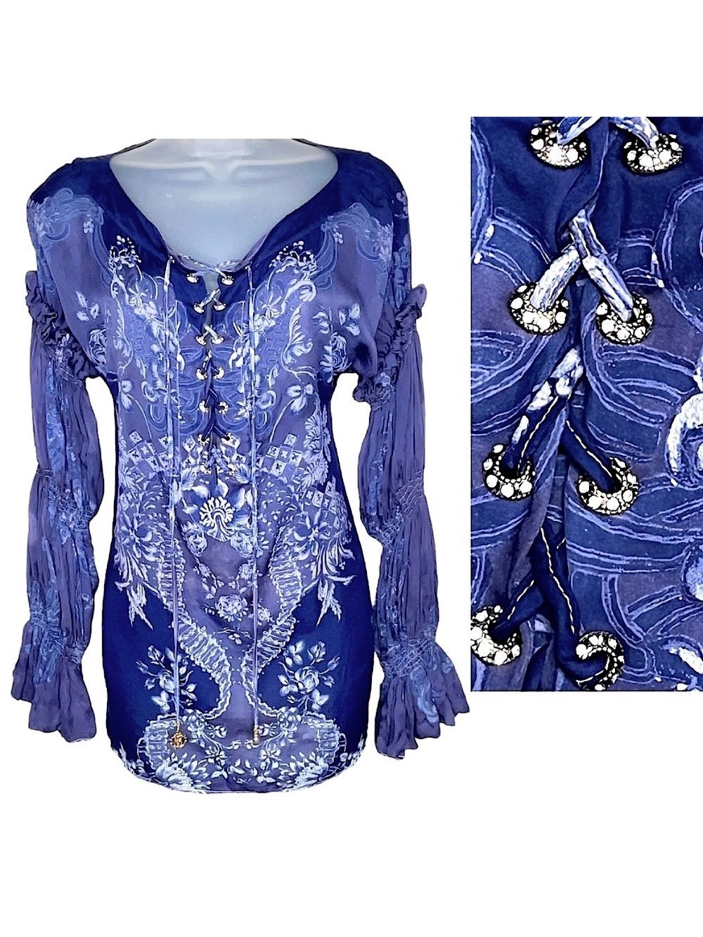 Roberto Cavalli Silk Floral Diamond Lace Up Ruffle Long Sleeve Top Blue Luxury